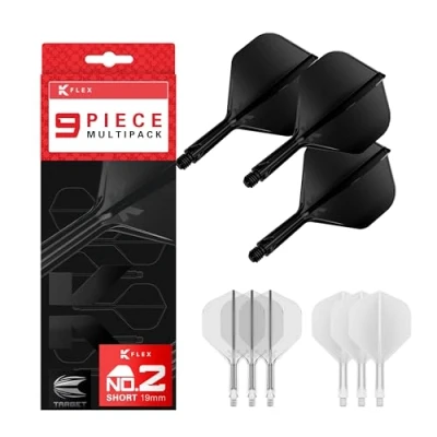 Image of TARGET Darts K Flex Integrated Dart Flights and Shafts, Short Stem (19mm), No.2 Flight, 9 pack Bundle, Black, White &amp; Clear