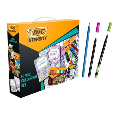 Image of BIC Intensity Adult Colouring Set, 24 Coloured Pencils, Felt Tip Pens, 10 Pens with Fineliners, 2 Books, School Supplies, 60 Pack