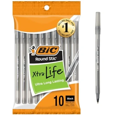 Image of BIC Round Stic Xtra Life Ballpoint Pen, Medium Point (1.0mm), Black, 10 Count