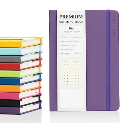 Image of Bullet Journal A5 Dotted Notebook with Faux Leather Hardback Cover and Premium 120gsm Thick Dot Grid Paper (128 Cream Pages, Purple)