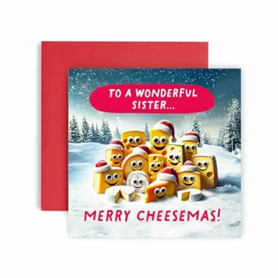 Image of Huxters Christmas Cards for Women Merry Cheesemas Cheesy Sister Card with Lovely Funny (Sister)