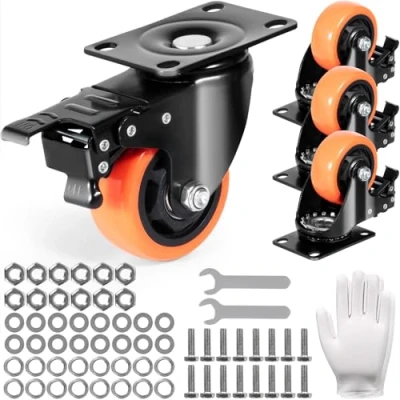Image of VEVOR Caster Wheels, 3 inch Swivel Plate Casters, Set of 4, with Security A/B Locking No Noise PVC Heavy Duty 250 lbs Load Capacity Per Caster, Non Marking Wheels for Cart Furniture Workbench