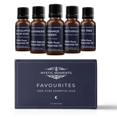 Image of Mystic Moments Favourites Essential Oil Gift Starter Pack 5x10ml Eucalyptus Blue Gum, Lavender, Orange Sweet, Patchouli, Tea Tree Perfect as a