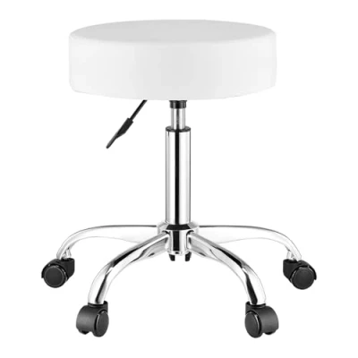 Image of VEVOR Rolling Stool with Wheels, 450 LBS Weight Capacity Round Chair, Height Adjustable Thickened PU Leather Swivel for Salon, Spa, Massage, Tattoo, Clinic, White