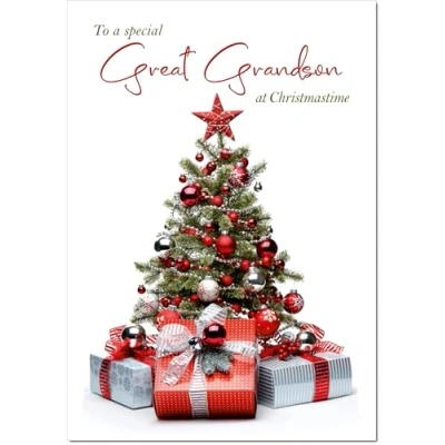 Image of doodlecards Great Grandson Christmas Card Parcels and Tree Medium Size with Plain Envelope