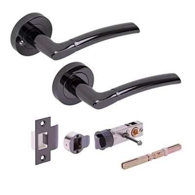 Image of HANDLEZONE® Nemo Privacy Lever On Round Rose Door Handles, with Bullet Latch, for Bathroom, Toilet, WC Doors, 1 Set Black Nickel