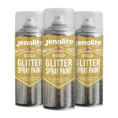 Image of JENOLITE Glitter Spray Paint Gold In Clear Sealant 3x400ml Lacquer With Fine Multi Surface Ideal for Picture Frames, Mirrors, Ornaments &amp; Crafting