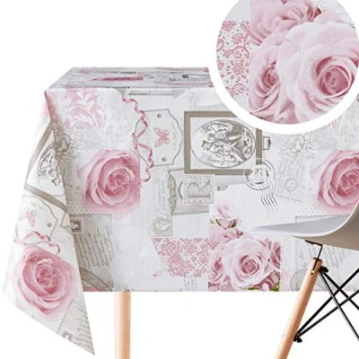 Image of KP HOME PVC Wipe Clean Table Cloth Rectangular 250x140 cm / 98x55 in Wipeable Tablecloth up to 8 Seats Waterproof Vinyl Oilcloth Luxury Grey English Roses Pattern Dusty Pink