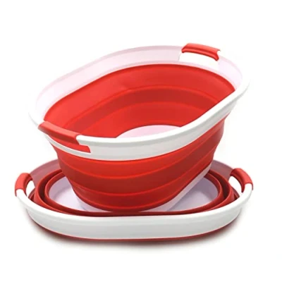 Image of SAMMART 28L Collapsible Plastic Laundry Basket Oval Tub/Basket Foldable Storage Container/Organizer Portable Washing Tub Space Saving Hamper (White/Red, 2)