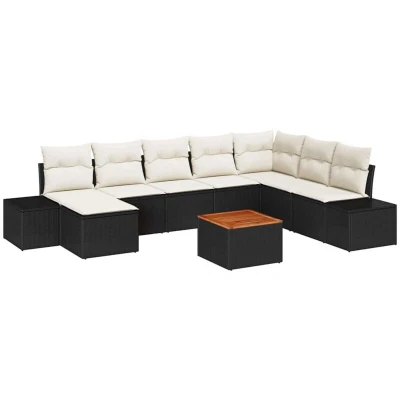 Image of vidaXL 9 Piece Garden Sofa Set with Cushions Black Poly Rattan Acacia