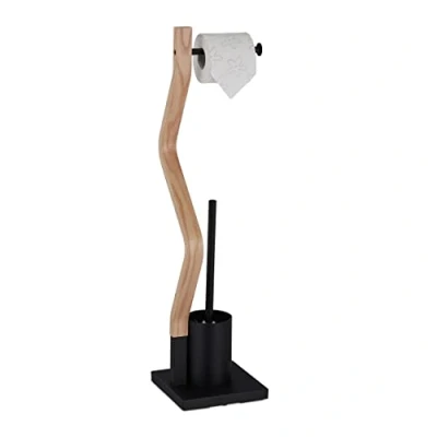 Image of Relaxdays WC Accessories Set, Standing Toilet Paper, Replaceable Brush &amp; Holder, 75x18.5x18.5cm, White/Natural, Steel 50% fibreboard