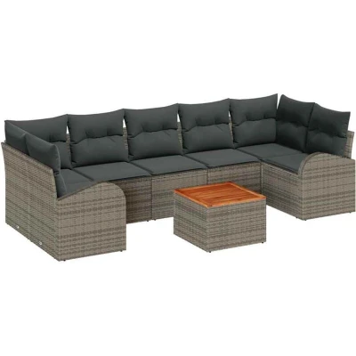 Image of vidaXL 8 Piece Garden Sofa Set with Cushions Grey Poly Rattan Acacia