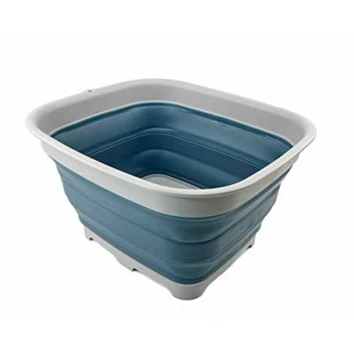 Image of SAMMART 15L Collapsible Dishpan with Draining Plug Foldable Washing Basin Portable Dish Tub Space Saving Kitchen Storage Tray (Grey/Steel Blue)