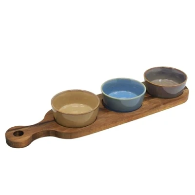 Image of Lesser &amp; Pavey Snack Dishes Wood Trays for Food Serving Snacks Platter with Bowls Colourful Designers Round and Square Tray Set of 3 Elements