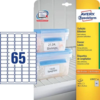 Image of Avery Zweckform L7971 25 Freezer Labels, A4, 1,625 Pieces, 38.1 x 21.2 mm, Sheets, White