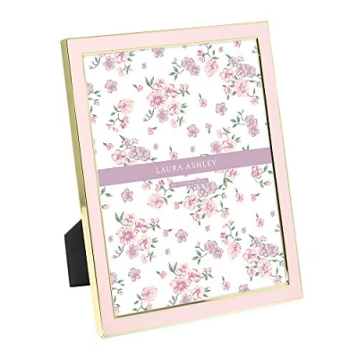 Image of Laura Ashley 8x10 Pink Enamel Picture Frame, Gold Metal Edge with Easel, for Countertop, Counterspace, Tabletop Display, Bookshelf, Desk, Wall Décor, Photo Gallery