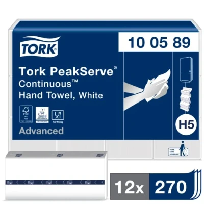Image of Tork PeakServe Continuous Paper Hand Towels White H5, Advanced, Compressed, 12 x 270 sheets, 100589