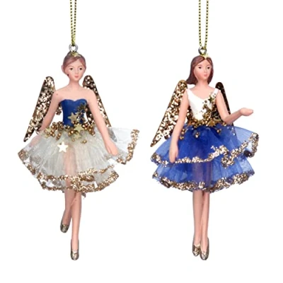Image of Gisela Graham Cream Blue &amp; Gold Resin and Fabric 10 cm Fairy Decoration Set of 2