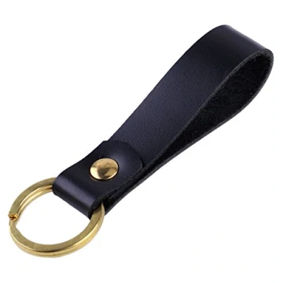 Image of Eastar Black &amp; Gold Leather Strap Copper Loop Key Chain Ring Keychain Keyring Waistband Accessories