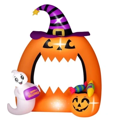 Image of Outsunny 4.9FT Tall Halloween Inflatable Pumpkin Archway with Cute Ghost, Blow Up Outdoor Decoration LED Lights for Lawn, Garden, Party