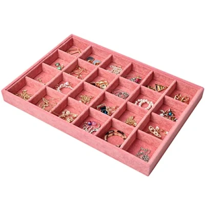 Image of Catime 24 Grids Velvet Jewellery Tray for Drawers, Stackable Jewelry Storage Organiser, Removable Display Trays Ring Bracelet Earring Necklace, 35x24x3cm (Pink)