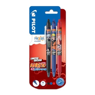 Image of Pilot x Naruto 3 FriXion Ball Clicker Pens, Black, Blue, Red Erasable Pens Limited Edition Shipudden Retractable Rollerball Medium Point