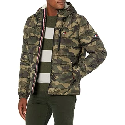 Image of Tommy Hilfiger Men&#039;s Midweight Sherpa Lined Hooded Water Resistant Puffer Jacket, Camouflage Tech, S