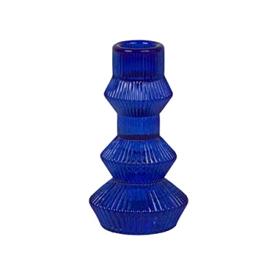 Image of Talking Tables Blue Glass Candlestick Holder Ribbed 3 Tier Taper Candle Stand Christmas Table Decorations,Home Décor,Accessories,Indoor or Outdoor Dinner Party,Birthday,Wedding FOREST HOLD TALL BLU