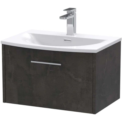 Image of Hudson Reed JNU2622G Juno Modern Bathroom Wall Hung 1 Drawer Vanity Basin Unit &amp; Curved Ceramic Basin, 600mm, Matt Metallic Slate
