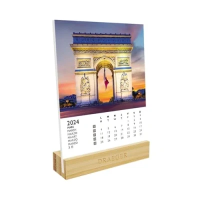Image of DRAEGER Paris Calendar on Base 2024 12 x 16.5 cm Year 7 Languages Monthly Desk Decoration Bamboo FSC® Certified Paper Vegetable Inks