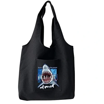 Image of FINDING CASE Reusable Heavy Duty Shopping Medium Tote Bag 100% Cotton Canvas with Strong Matching Handles,Shopping Bags Large Capacity Inner Pocket (Shark)