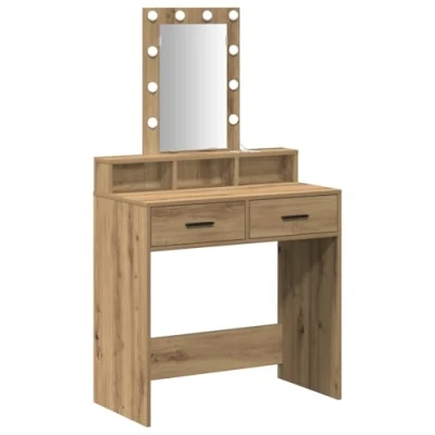 Image of vidaXL Artisan Oak Vanity Table Solid Wood &amp; MDF Dressing with Mirror Drawers Includes LED Lighting for Bedroom
