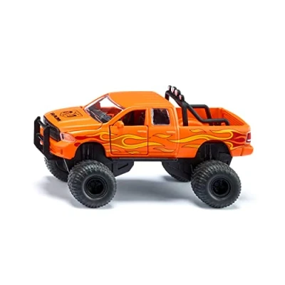 Image of siku 2358, Toy Dodge RAM 1500 with Balloon Tyres, 1:50, Metal,Plastic, Black,Orange, Interchangeable wheels, Openable door, bonnet and tailgate