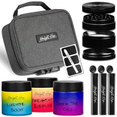 Image of Moonlight Haze Smell Proof Bag Gift Set with Accessories 3 Container Stash Box, metal grinder, Doob Tube, Rolling Tray Bundle Box Jars Gifts For Men Women