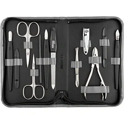 Image of Manicure set 12 Piece professional pedicure tools German Made nail kit Grooming Genuine leather case Ideal travel Incl. cutter Orange