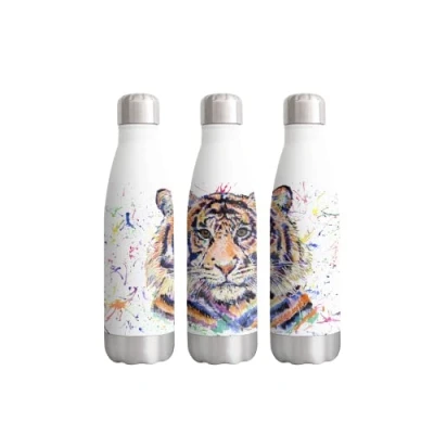 Image of Vixar Tiger Wildlife Animals Watercolour Rainbow Art Bottle Double Wall Insulated Stainless Steel Sport Drinks 500ml White Gift Ideal for School Work Office Oudoor Sports Keeps Hot and Cold