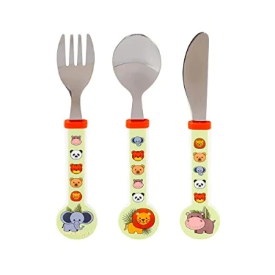 Image of Animal Kids Children&#039;s 3pcs Stainless Steel Cutlery Utensil Set, Knife Fork Spoon Toddler
