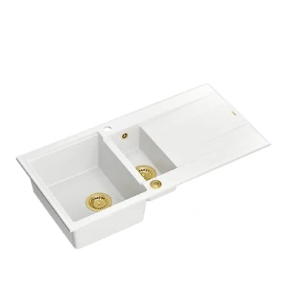 Image of QUADRON Granite Sink, Size 50 x 100 21/16 cm, Colour: White &amp; Gold Pvd, Evan 156 Kitchen Double Bowl Sink with Draining Board, Tap Hole