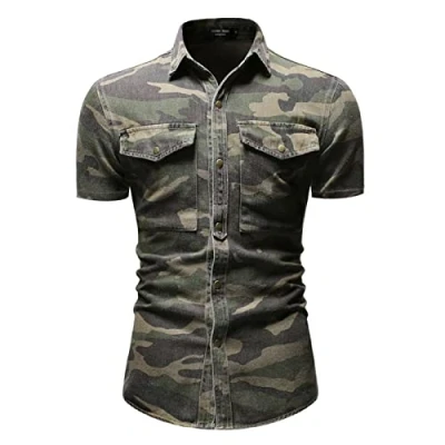 Image of kewing Men&#039;s Camouflage Denim Shirts Casual Retro Large Pockets Slim Fit Camo Short Sleeve Tops