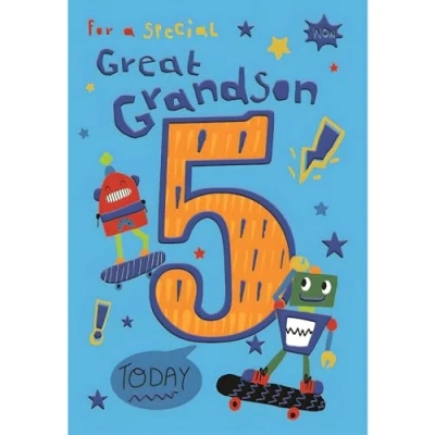 Image of Great Grandson Age 5 Birthday Card Special Today Contemporary Robots Design Finishes and Illustrated Insert Leaf Made in the UK Eco Friendly