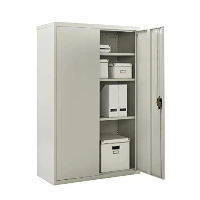 Image of MMT Furniture Steel Storage Cabinet 2 Door Lockable Filing Cupboard for Home, Office Documents, Files, Pantry 3 Shelf Unit Grey