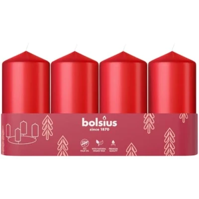 Image of Bolsius Smooth Pillar Candles Set of 4 Red 100x48 mm Decorative Long Burning Time Unscented with Natural Plant Wax Without Palm Oil