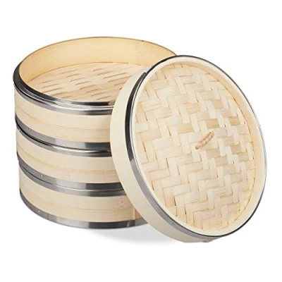 Image of Relaxdays 10031464 Bamboo Steamer, 3 Tier, Metal Rings, Asian Cooker, for Rice, Dim Sum, Vegetable, Basket, Pot, Ø24cm, Natural