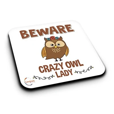 Image of ER437 Beware Crazy Owl Lady Novelty Present Gift Printed MDF Wooden Coaster