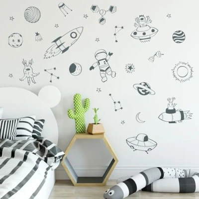 Image of Stickerscape Space Wall Stickers (Space Doodles Grey) Decals, for Walls, Decor Easy to Apply, Cleanly Removable