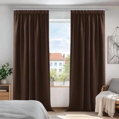 Image of Deconovo Blackout Curtains Pencil Pleat and Rod Pocket W55 x L69 Inches Chocolate 2 Panels