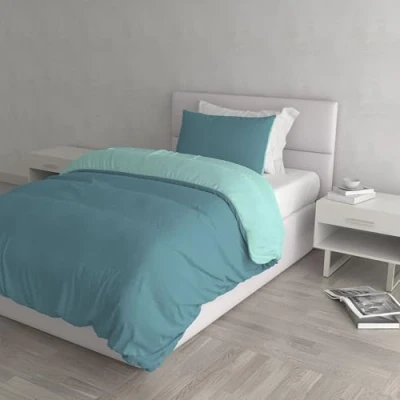 Image of Italian Bed Linen Natural Color Duvet Cover Set with Doubleface Solid Colour Bag Sheet and Pillowcase, Ottanio/Water Green, small double