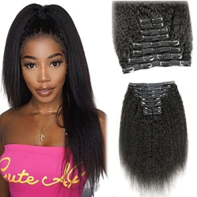Image of Kinky Straight Clip In Hair Extensions,Remy Human Extensions 16inch 120g 10pcs Coarse Yaki Real for Full Head #1B Natural Black…