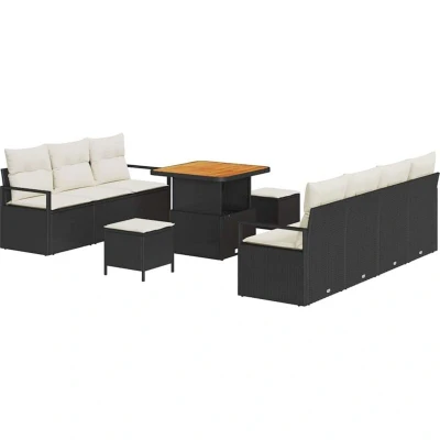 Image of vidaXL 10 Piece Garden Sofa Set with Cushions Black Poly Rattan Acacia