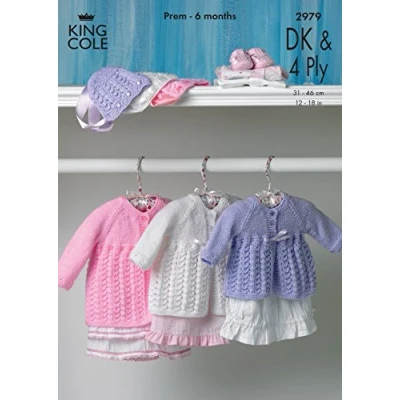 Image of King Cole Double Knitting &amp; 4 Ply Pattern Baby Lace Effect Long Sleeved Matinee Coat Bonnet (2979)